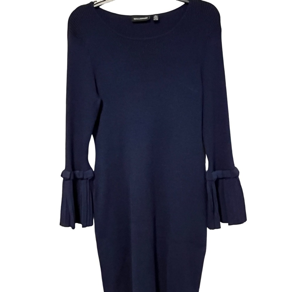 MWT NINA LEONARD Navy Blue Ribbed Knit Bell Sleeve Sweater Dress Women's Size L‎